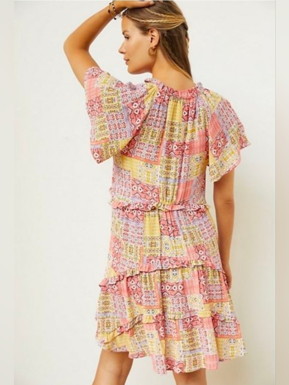 Anthropologie Robin Floral Patchwork Tiered Mini Dress Size S Boho Eclectic - Picture 2 of 10